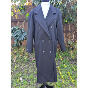 VTG 80's Cassidy Patite Hand Tailored BlK Wool Double Breasted Trench Coat SZ 4
